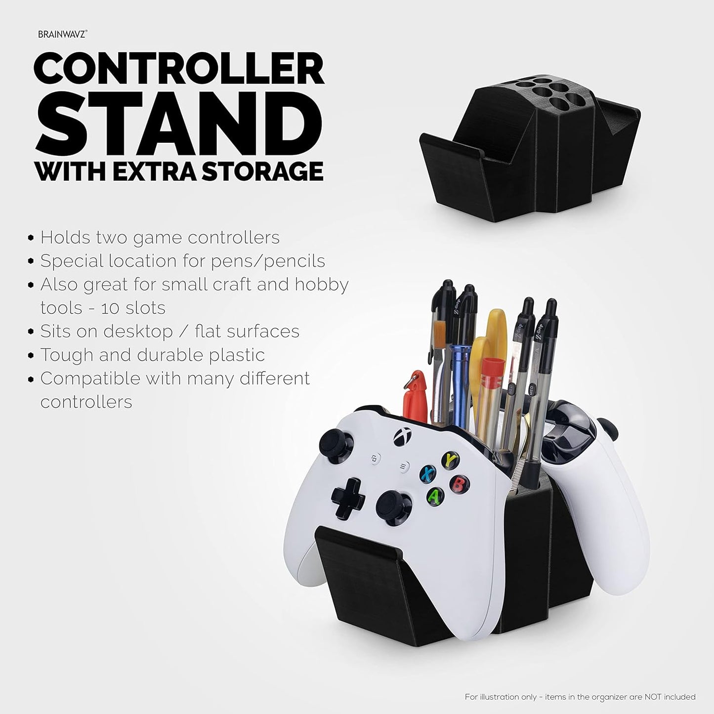 Game Controller Holder & Desktop Pen Organizer Stand With Ten Slots for Pens, Pencils, Stationery, Craft Tools & More - Universal Design for PS5 XBOX SERIES X ONE PS4 SWITCH PC Gamepads - D05 - Black