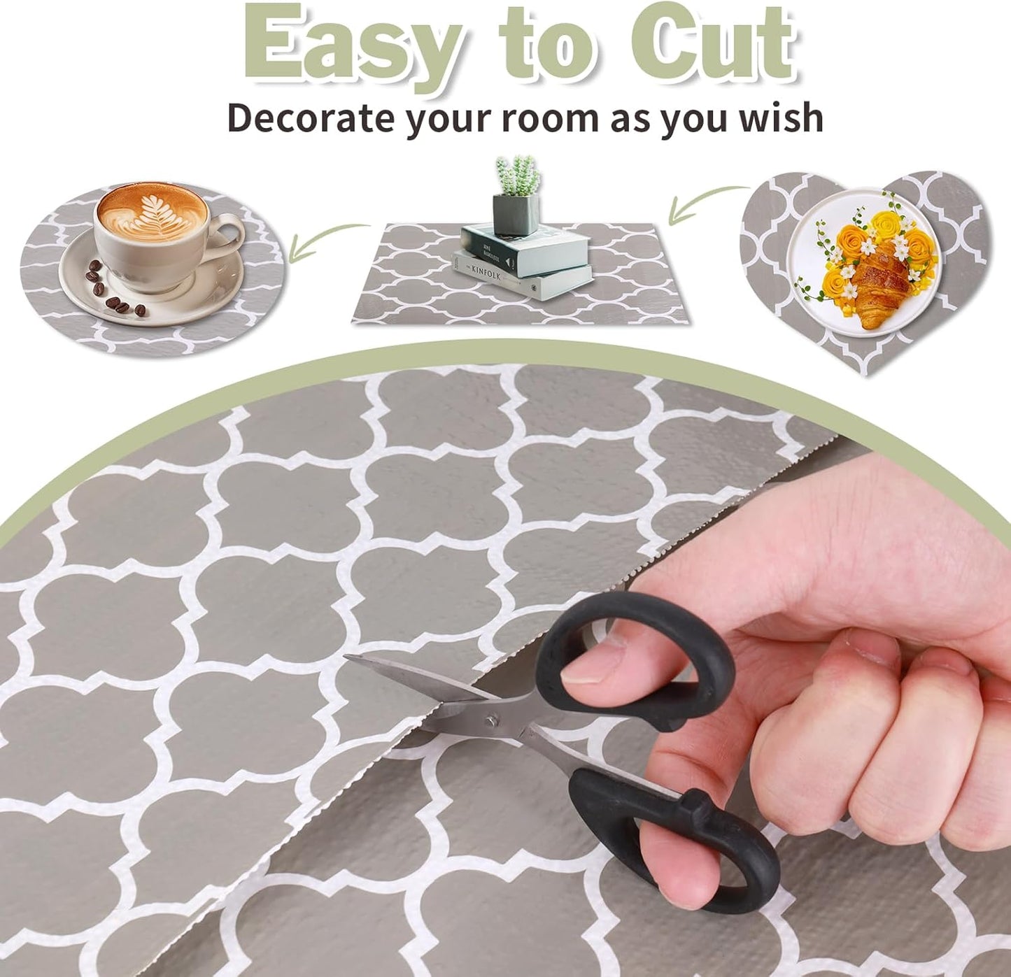 Drawer and Shelf Liner for Kitchen Cabinet: 12 in X 30 Ft Non Slip Waterproof Shelf Paper Non Adhesive Refrigerator Liners Gray Quatrefoil Easy Liners for Bathroom Cupboard with Knife Tape Measure