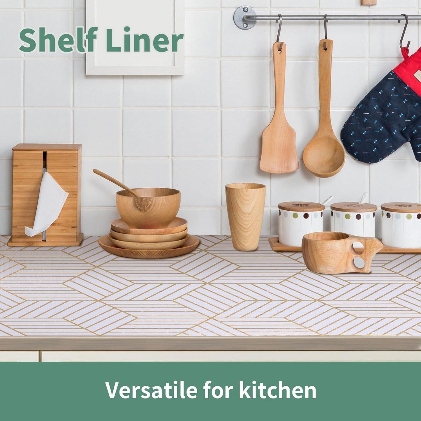 Shelf Liners for Kitchen Cabinets 17.5in x 30FT Non Adhesive Cabinet Liner Strong Non-Slip Thickened Gold Geometric Drawer Liner Easy to Clean for Shelf Cabinet with Knife and Tape Measure