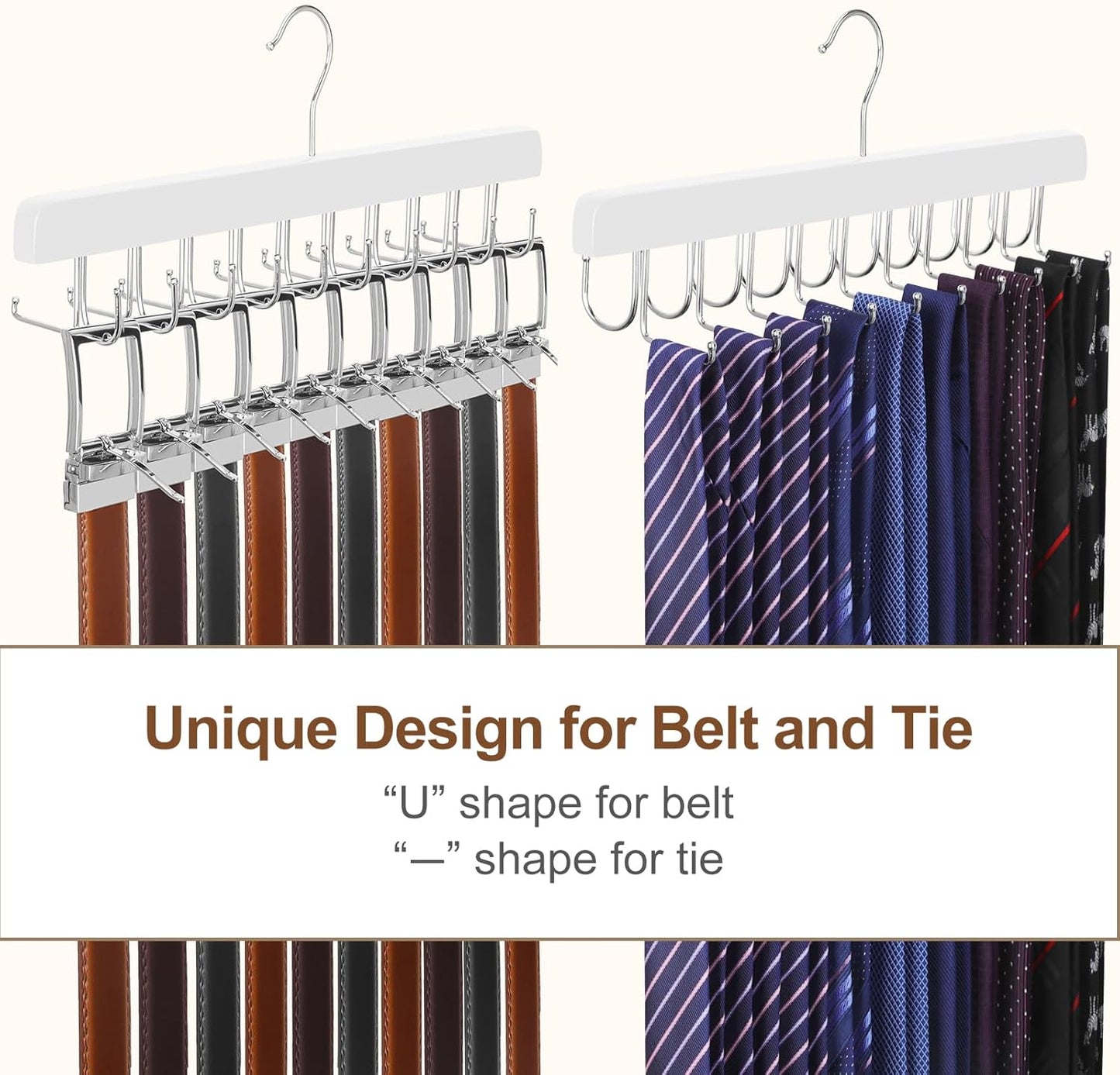 TOPIA HANGER 2 Pack 2 in 1 Belt Tie Hanger for Closet Max 60 Belts with 60 Ties Capacity, 40 Hooks Belt Tie Racks Wooden Hanger for Closet Organizer Storage “U” Fit Belt and “一” Fit Tie - CT52W