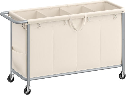 SONGMICS Laundry Basket with Wheels, 4-Section Rolling Laundry Hamper, 68.6 Gallons (260 L), Removable Liner, Steel Frame with Handle, 43.3 x 15.4 x 31.9 Inches, Cream White URLS014W01