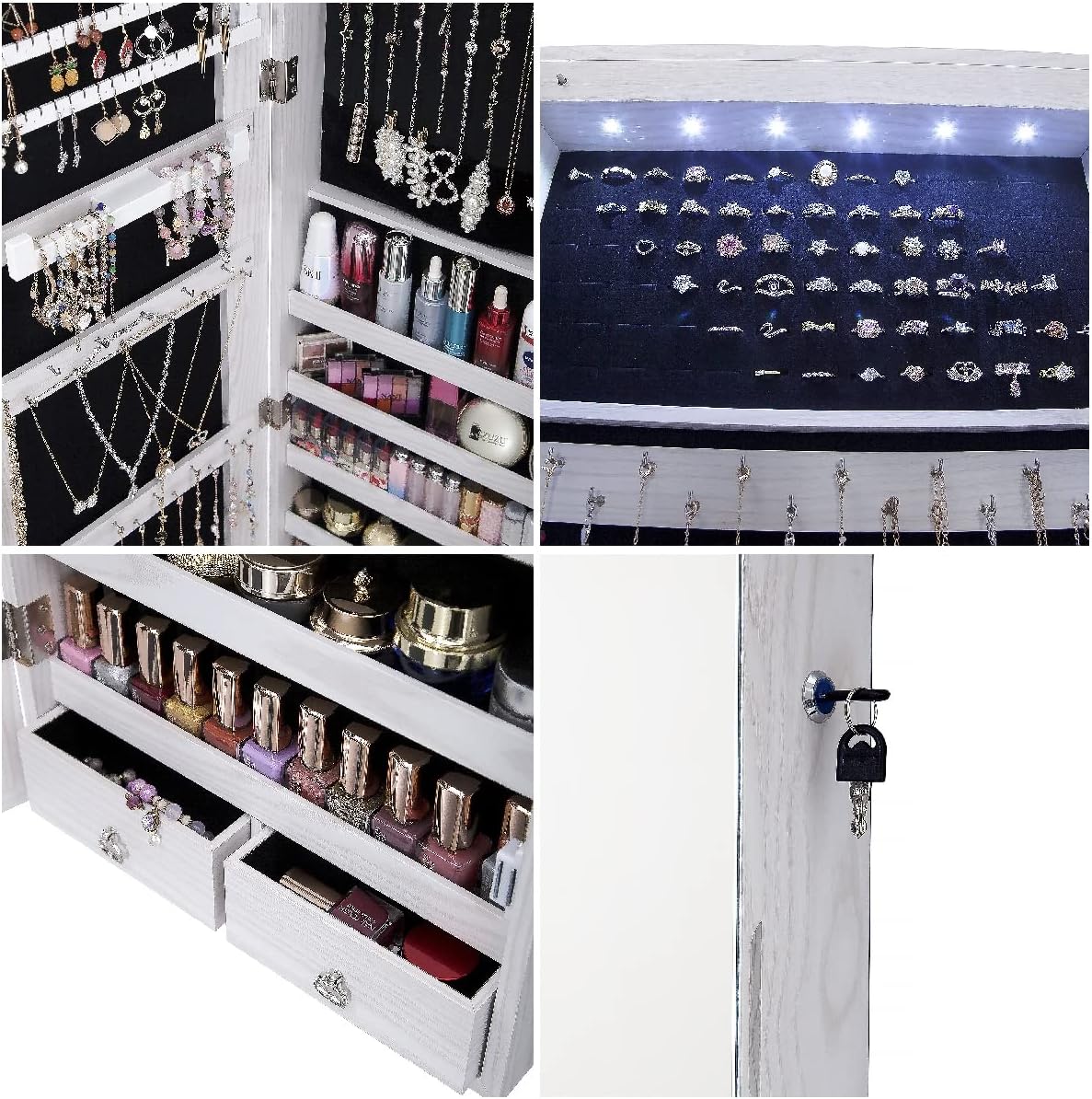 47" H Jewelry Armoire Full Length Mirror Cabinet Storage Organizer w/LED Light Wall-Mounted/Door-Hanging Lockable for Bedroom Makeups White