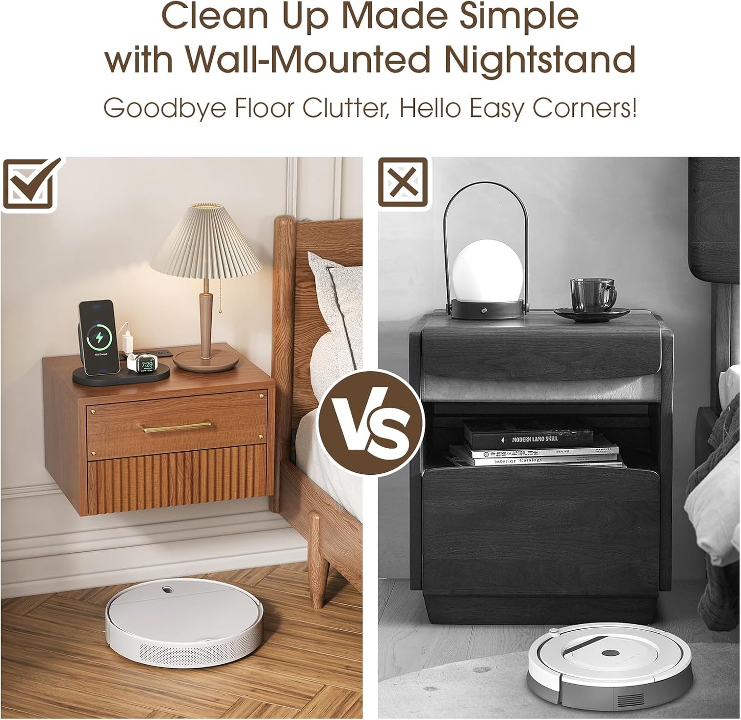 Floating Nightstand Set of 2, Mid Century Modern Wall Mounted Bedside Table with Charging Station, Fluted End Table with Storage Drawers for Bedroom, Home Small Space, Cherry, 2 PCS