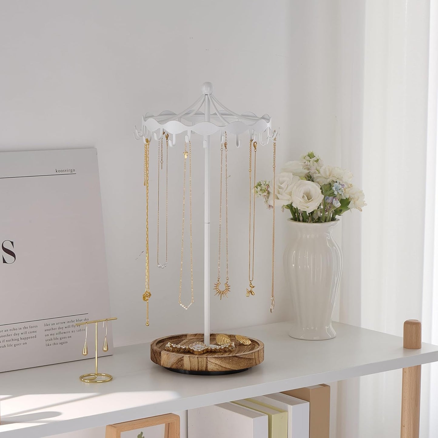 Lolalet Rotating Necklace Holder Stand with Metal Hooks, Spinning Display Carousels, Freestanding Organizer Hanger, for Long Necklaces Chains -White
