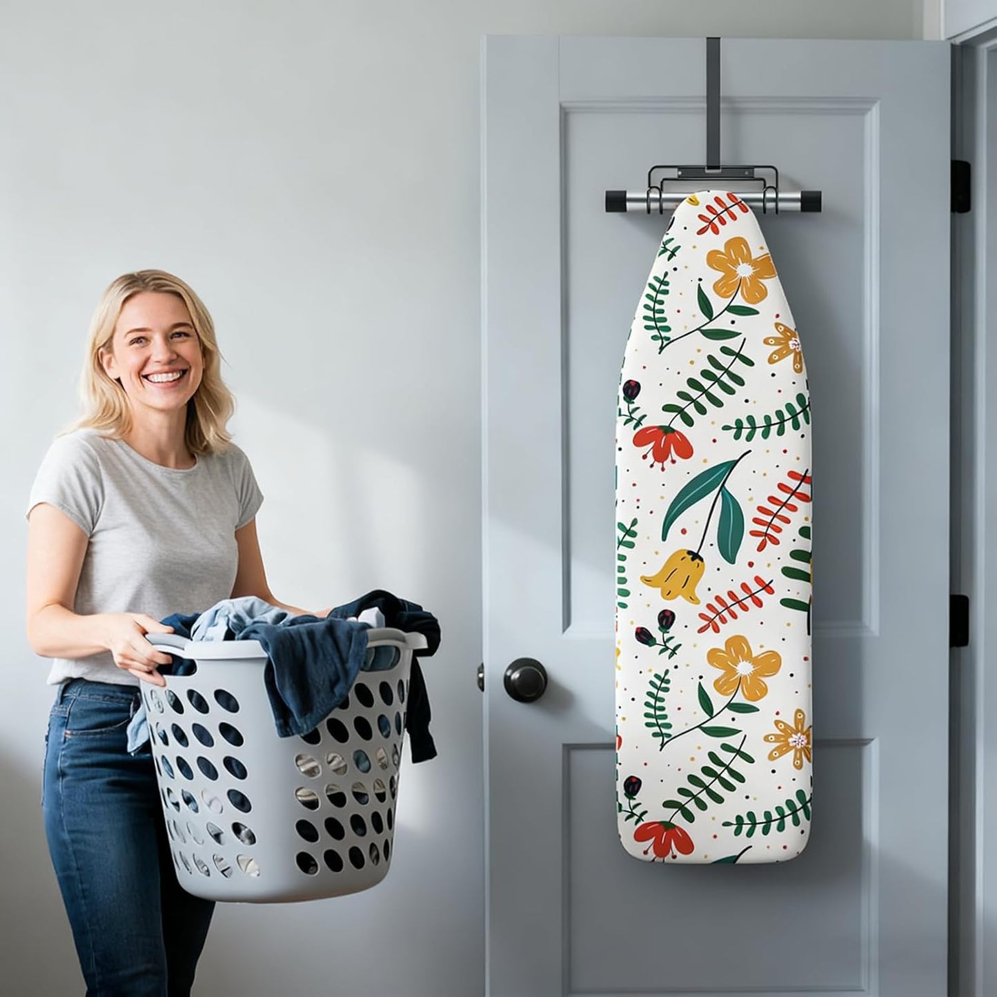 Ironing Board Hanger - Over-The-Door & Wall-Mounted Ironing Board Holder,Removable Hook,Durable Metal Organizer Rack for Y & T-Shaped Boards (Silver)