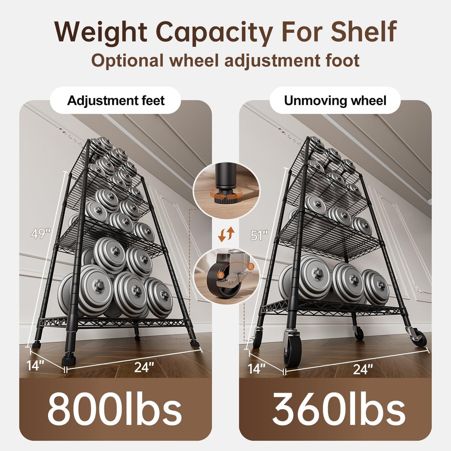 4 Tier Shelves Storage Shelf Wire Closet Bathroom Organizers Metal Pantry Kitchen Garage Shelving Unit Laundry Room Organization Home Rack Net Basket Black with Wheels 14”D X 24”W X 48.9”H