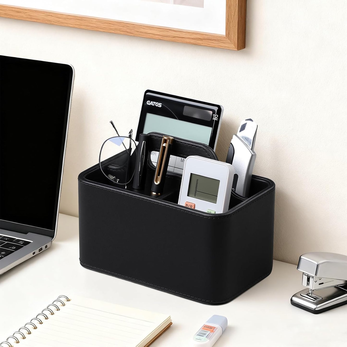 Caddy Organizer with Handle, PU Leather Remote Control Holder Desk Caddy, Portable Makeup Office Supply Organizer for Bathroom, Nightstand, Dresser (Black)