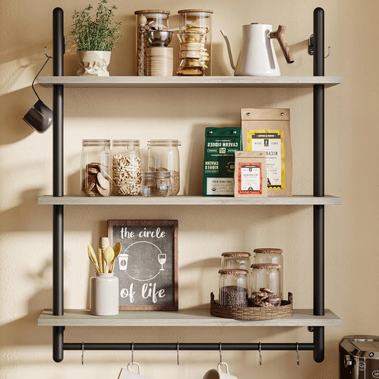Bestier 3 Tier Industrial Pipe Shelving, Floating Book Shelves for Wall, Storage Hanging Shelves with Towel Bar for Bathroom Organizer Bedroom Kitchen Plants Office. 31.5 Inch Retro Grey