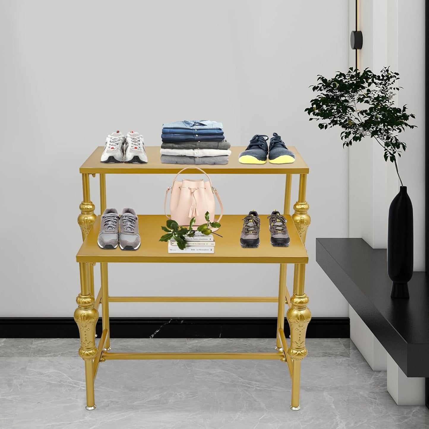 2Pcs Retail Display Tables, Shoe Handbag Display Stand Nesting Tables Set Heavy Duty Purse Display Risers for Home Boutique Retail Store (Gold)