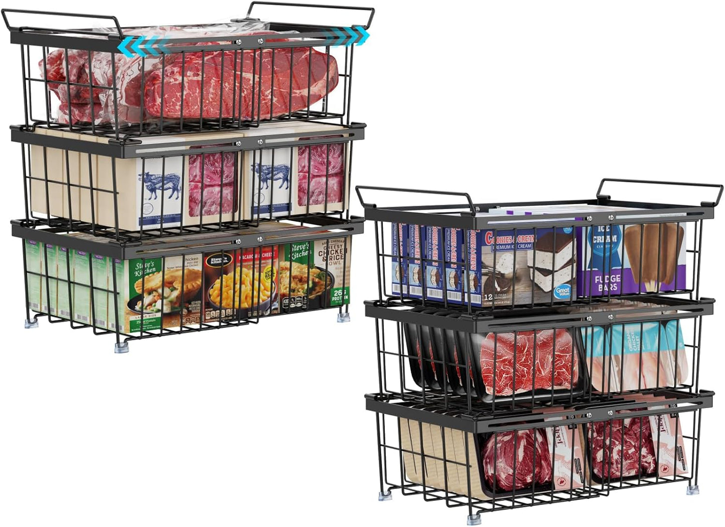 iSPECLE Chest Freezer Organizer Bins - Fit 10 to 20 Cu.FT Deep Freezer, 6 Pack Large Expandable Stackable Bins Sort Frozen Food Easy to Get Food from Bottom without Digging, Better Ventilation, Black