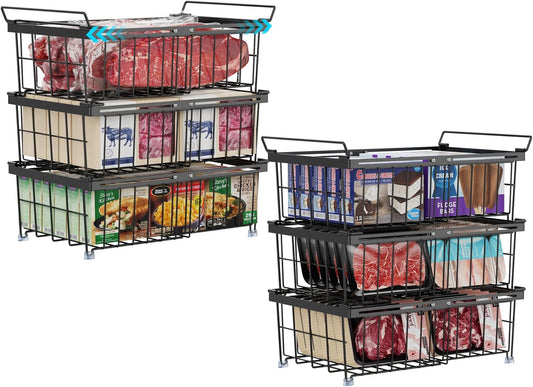 iSPECLE Chest Freezer Organizer Bins - Fit 10 to 20 Cu.FT Deep Freezer, 6 Pack Large Expandable Stackable Bins Sort Frozen Food Easy to Get Food from Bottom without Digging, Better Ventilation, Black