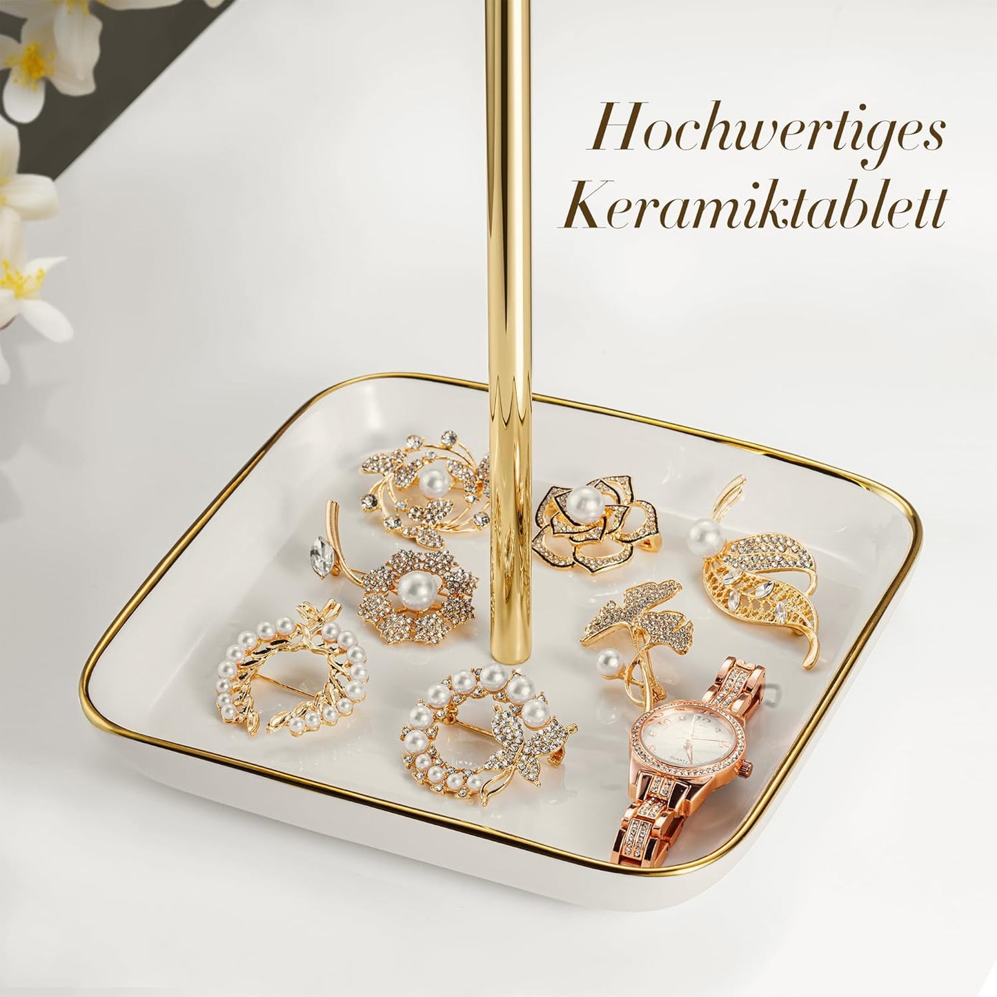 Jewelry Holder Stand with Ceramic Base: 12" Tall Necklace Organizer Rack, Tree Design Display Storage for Necklaces, Bracelets, Rings, Earrings, Aesthetic Room Décor for Girls and Women, Gold