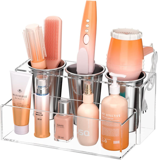 NIUBEE Hair Tool Organizer, Acrylic Hair Dryer and Styling Holder, Bathroom Countertop Blow Dryer Organizer, Vanity Storage Stand for Accessories, Makeup, Toiletries (Clear)