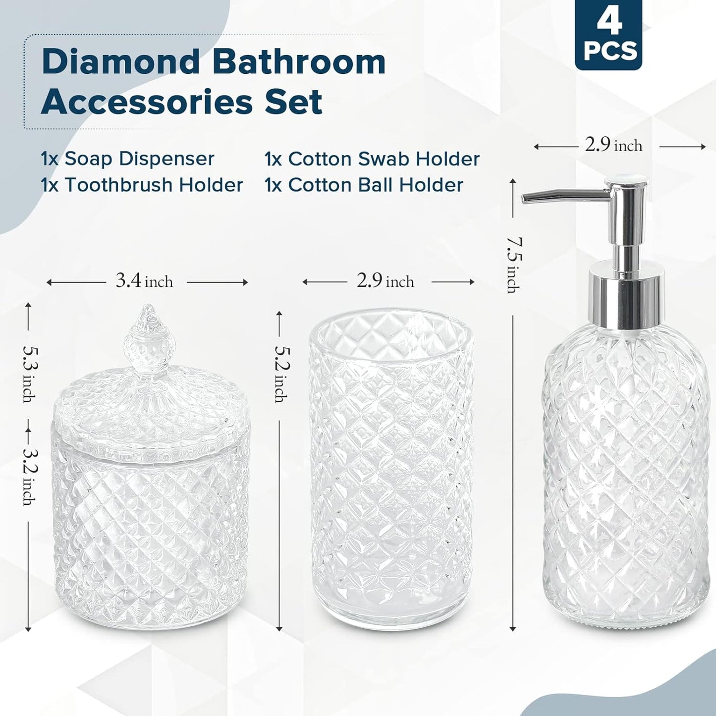 Bathroom Accessories Set, 4 Pack Clear Glass Bath Accessory Sets Complete, Diamond Soap Dispenser and Toothbrush Holder Set for Bathroom Counter Organizer Essentials, Modern Bathroom Decor