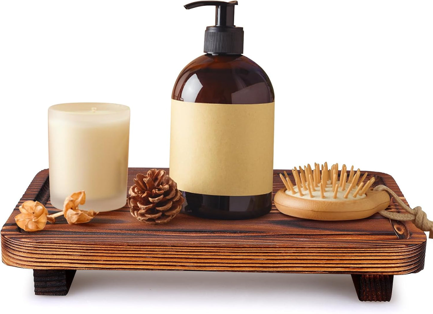 Farmhouse Bathroom Counter Organizer Wood Risers Display Pedestal Stand Small Kitchen Countertop Trays Decorative Wooden Dish Soap Dispenser Holder for Bathroom Decor Sink Accessories Vanity Tray