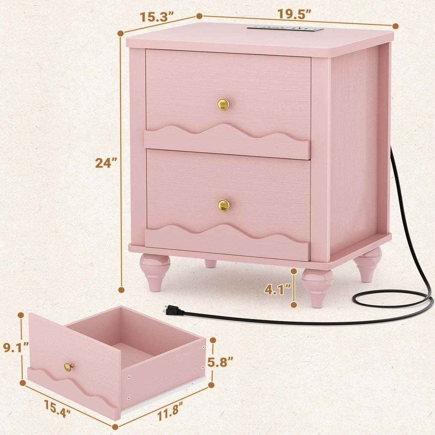 Cyclysio Nightstand Set of 2 with Charging Station, Side End Table with 2 Drawers, Modern Wood Night Stand Set 2 with Scalloped Pattern for Bedroom, Bedside Night Tables with Solid Wood Gourd Legs