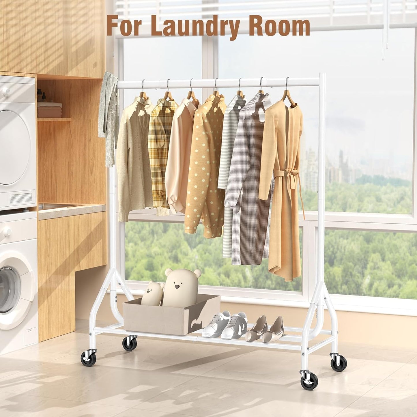EAGMAK Heavy Duty Clothes Rack Load 420 LBS, 47.2" Long Rolling Garment Rack with Lockable Wheels, Standing Metal Clothing Hanger, Portable Wardrobe Sturdy Coat Organizer for Hanging Clothes (White)