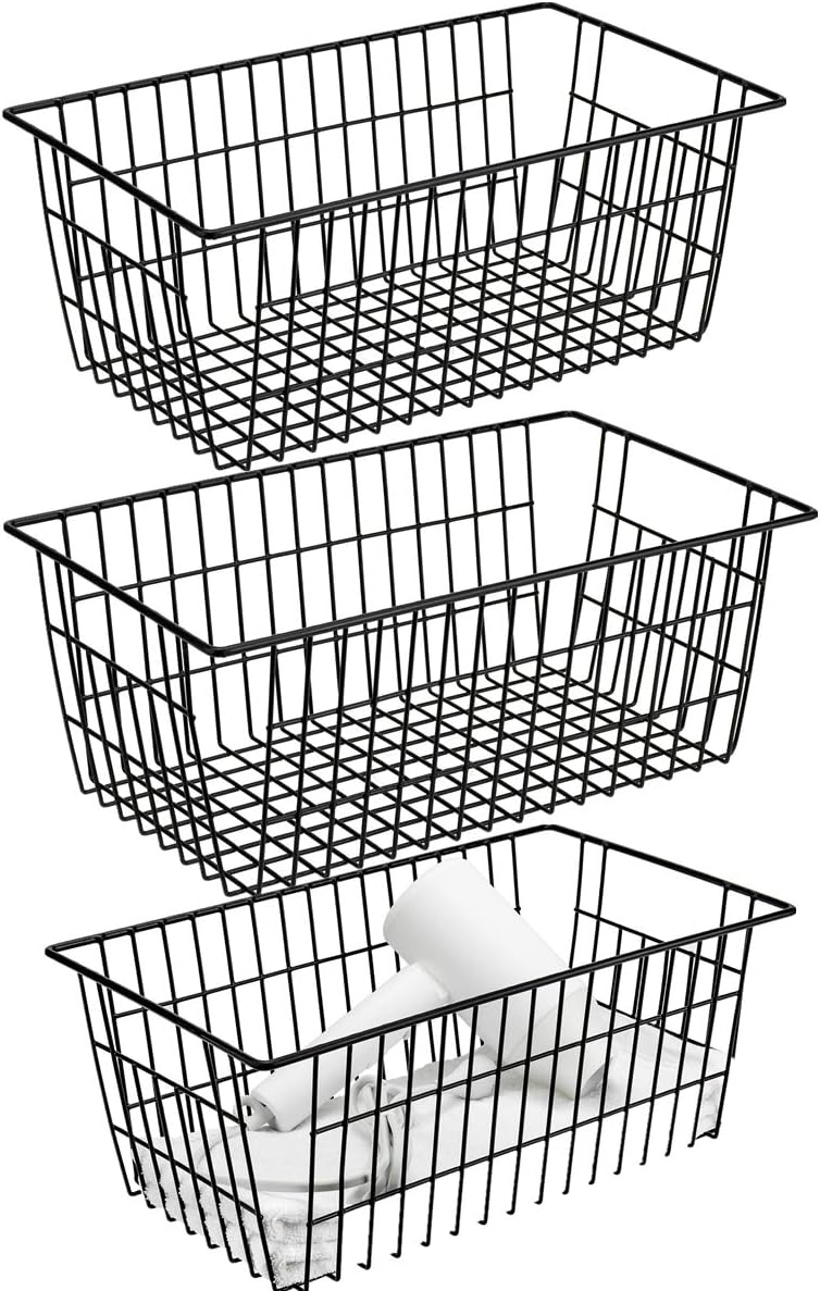 Wire Storage Basket Organizer Bins Farmhouse Metal Basket Pantry Large Organizing Storage Bin Baskets for Kitchen Cabinets, Pantry, Freezer, Bathroom,Closets-Set of 3-Black