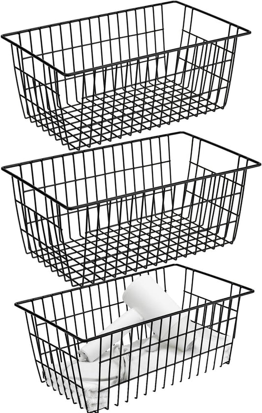 Wire Storage Basket Organizer Bins Farmhouse Metal Basket Pantry Large Organizing Storage Bin Baskets for Kitchen Cabinets, Pantry, Freezer, Bathroom,Closets-Set of 3-Black