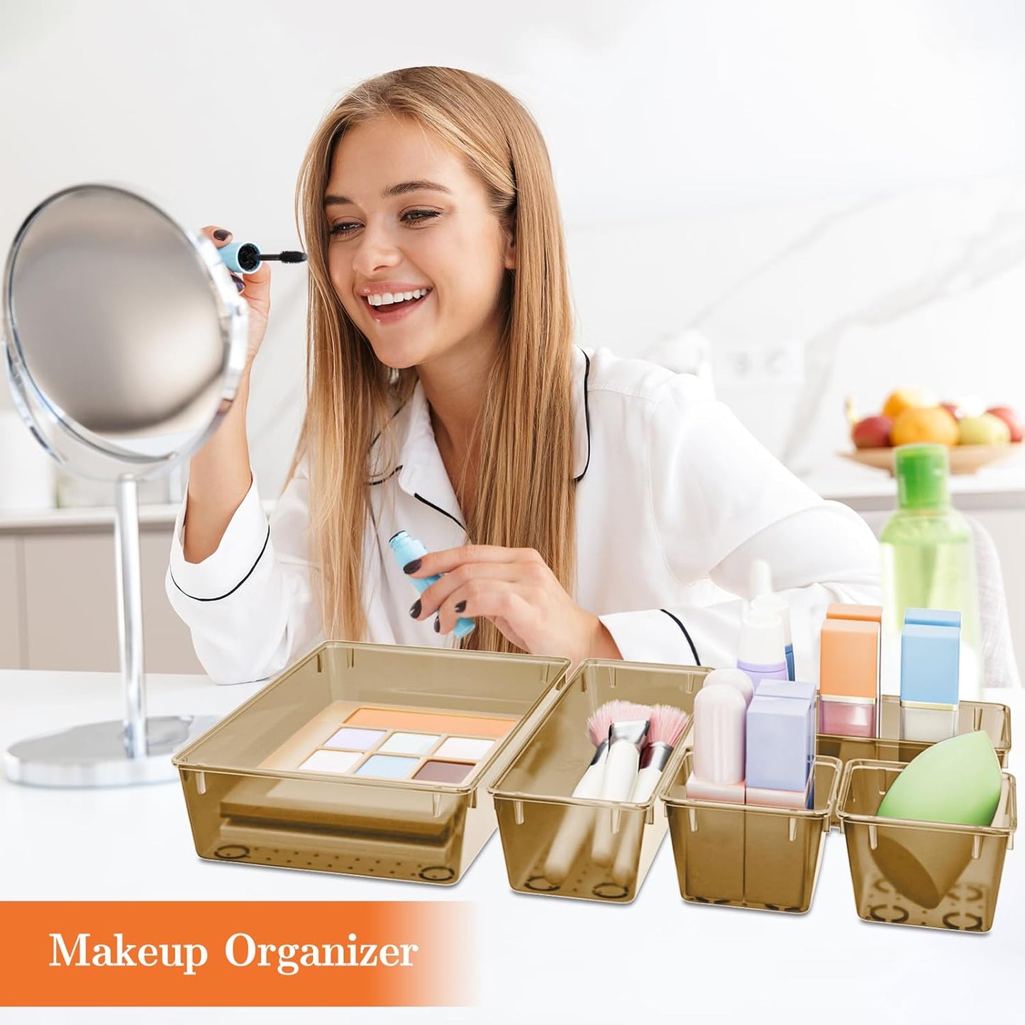 25 PCS Plastic Drawer Organizer Set, 4-Size Versatile Organizer Trays & storage Bins for Makeup, Jewelry, and Gadgets in Bathroom, Bedroom and Office,Champagne