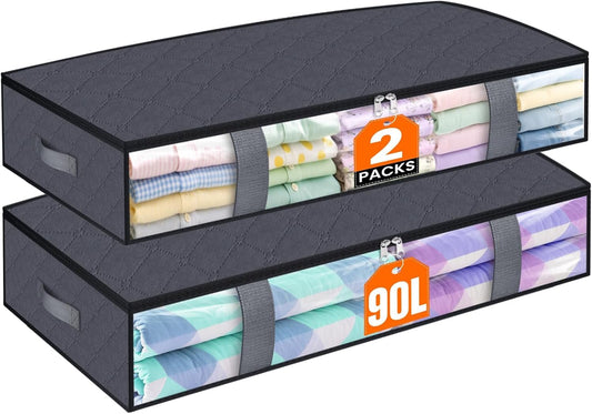 Under Bed Storage Containers, 2 Pack Blanket Storage Bags, Collapsible Storage Bags with Big Zippers, Clear Front, Shoe Storage and Organization for Clothes, Comforter, 90L, Grey