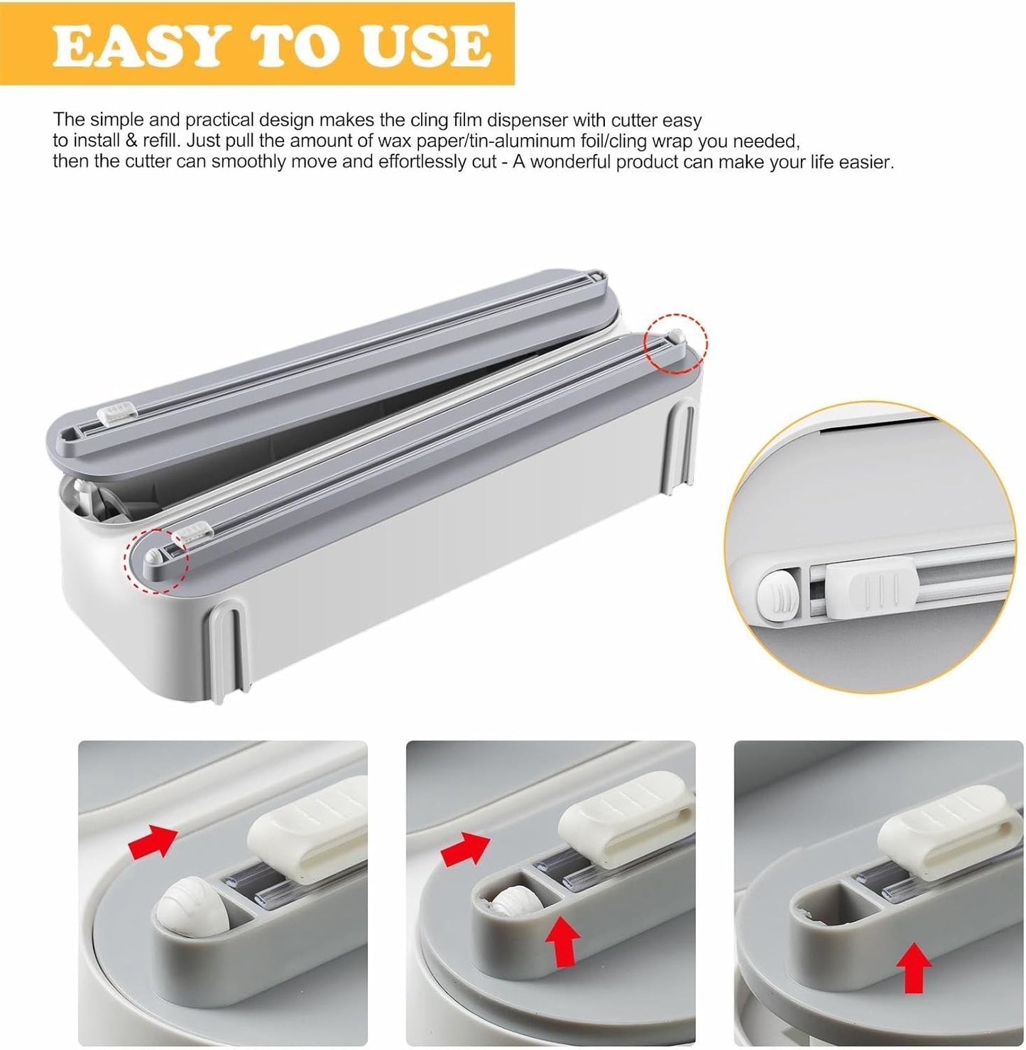 Magnetic Plastic Wrap Dispenser with Cutter - Refillable Aluminum Tin Foil and Plastic Wrap Organizer for Kitchen, Quasziwa Upgraded 3 in 1 Paper Towel Holder Wall Mount - Fits 12" Roll, White