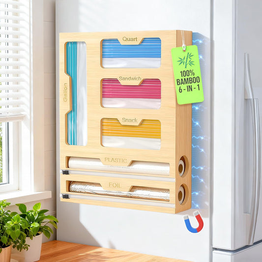 Magnetic Storage Bag Organizer 6 In 1 Ziplock Bag Organizer for Fridge and Drawer, Foil and Plastic Wrap Organizers with Cutter, Food Storage Bags Organizers for Gallon Quart Sandwich Snack