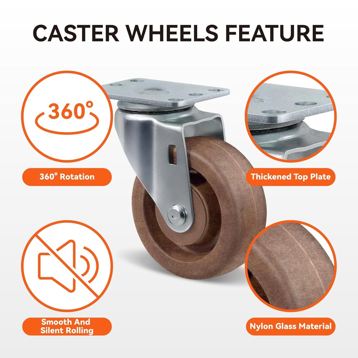 4" Hi-Temp Glass FiIled Nylon Casters, Heavy Duty Casters Set of 4, Industrial Caster Wheels for Commercial Kitchen, Bakery - 2400 lbs Capacity(2 Swivel & 2 Rigid)