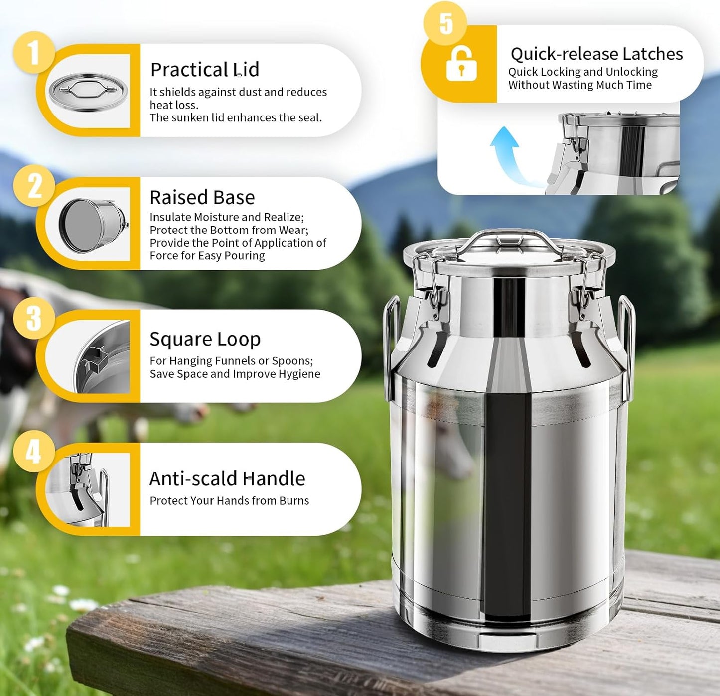 30L / 7.95Gallon Transport Cans Stainless Steel Milk Can Milk Bucket Wine Pail Bucket Milk Can Tote Jug with Sealed Lid Heavy Duty Wine Pail Liquid Storage