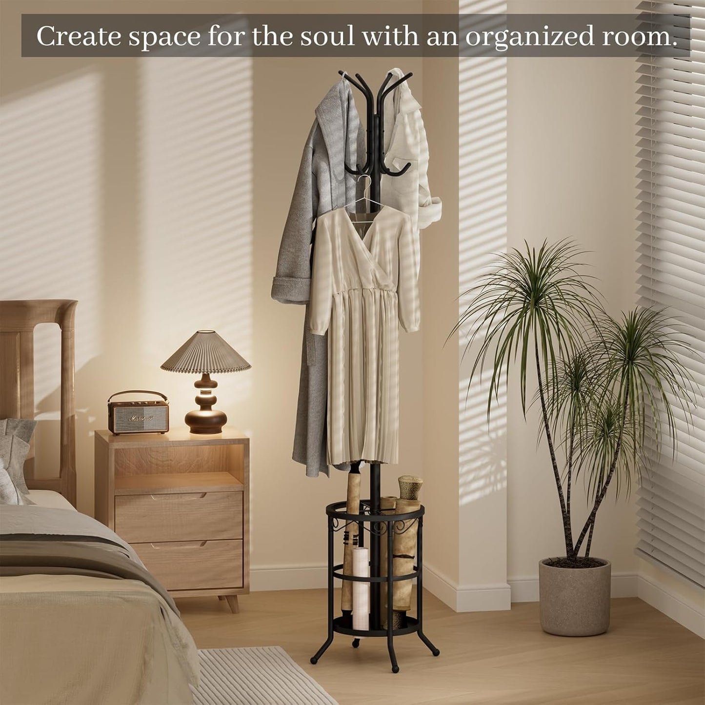 Coat Rack Freestanding with Umbrella Holder – Metal Hanger Stand, Hall Tree with 12 Hooks, Entryway Organizer for Hats, Bags, and Clothes (Black)