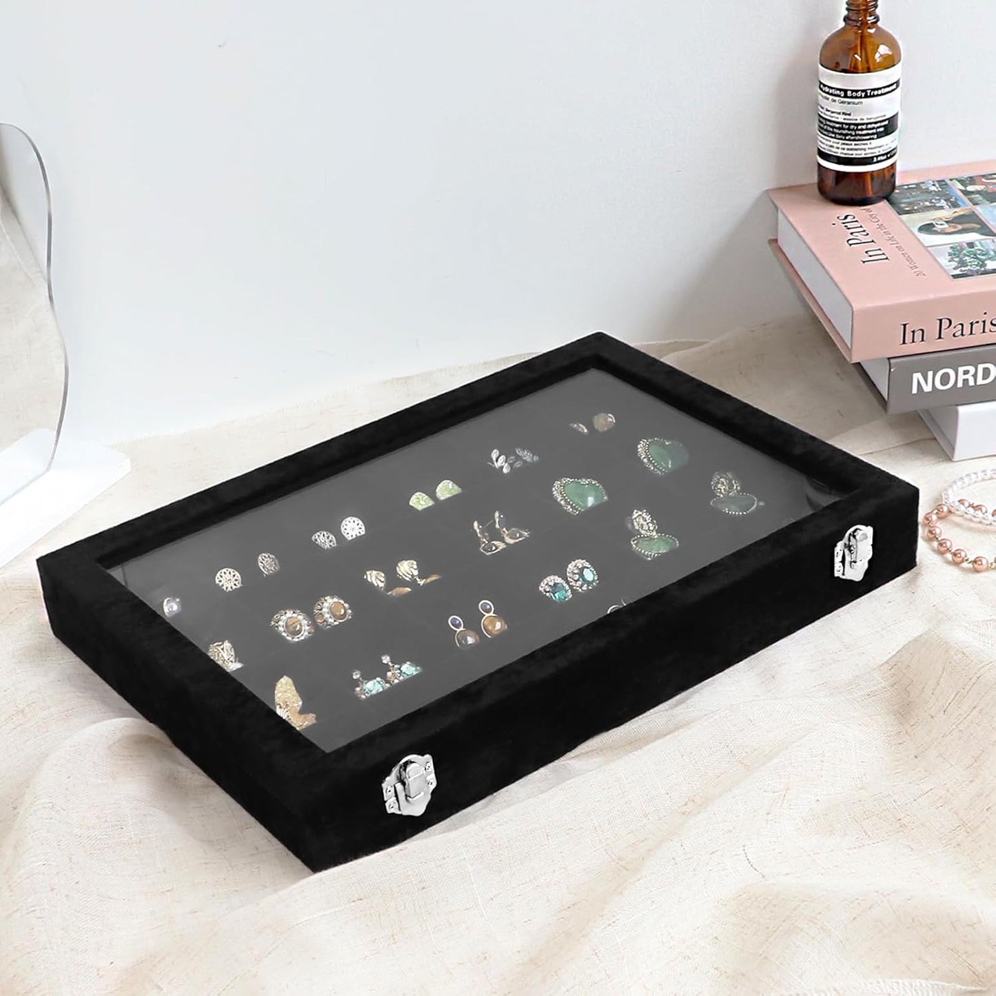 Wudygirl Jewelry Organizer 24 Grid Jewelry Tray with Clear Lid Velvet Jewelry Box Earrings Holder Organizer Jewelry Display Case (Black 24 Grid)