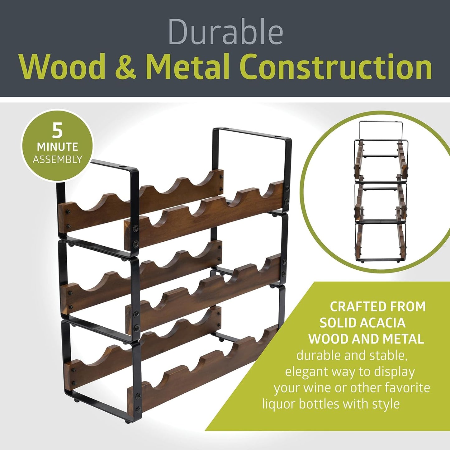 Pearington 12 Bottle Stackable Wine Rack, Rustic 3-Tier Solid Acacia Wood and Iron Wine Bottle Holder, Free Standing Countertop Liquor Display Shelf, 17" x 7.2" x 16.5"