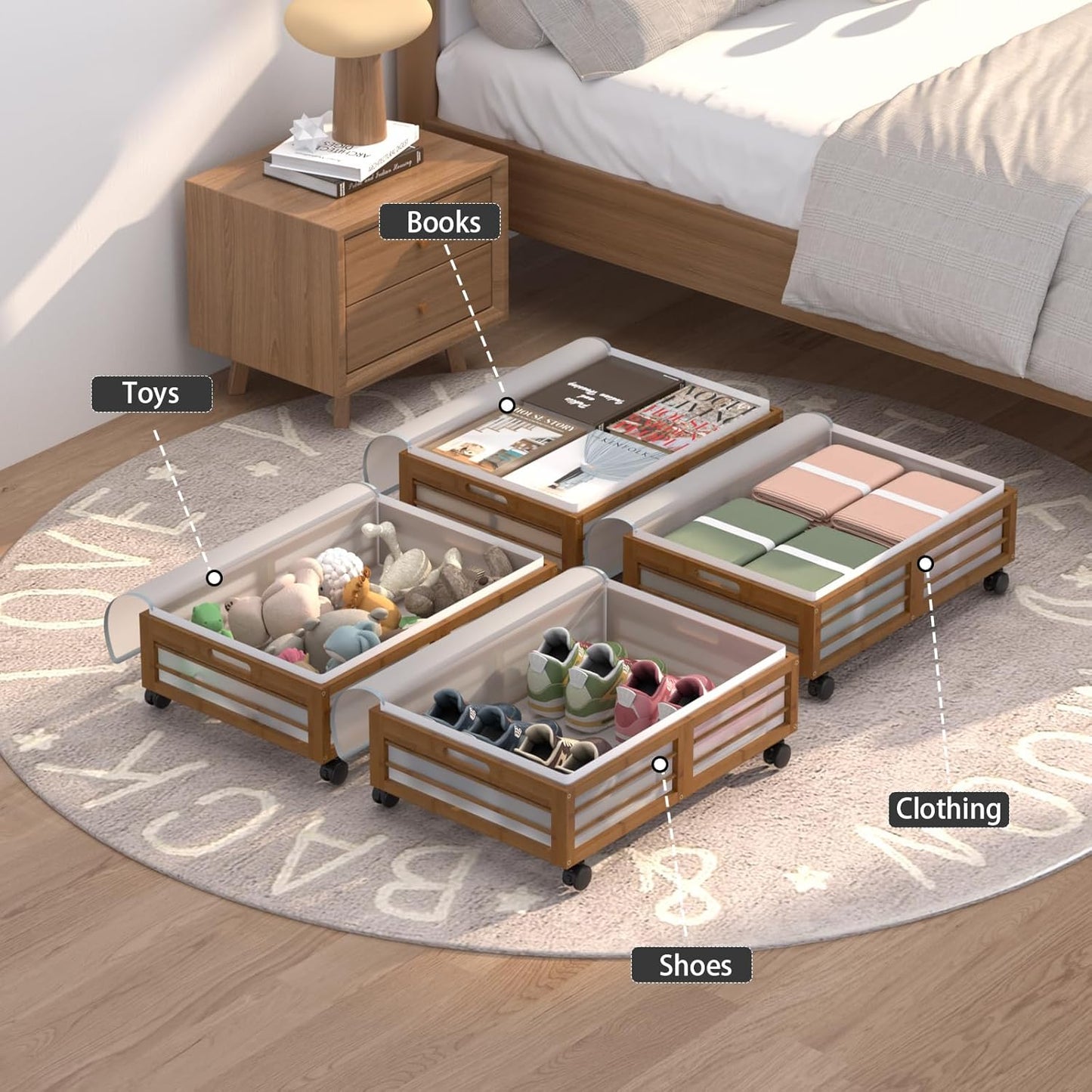 Under Bed Storage Containers with Wheels, Larger Bamboo Wood Under Furniture Storage Containers with Dust Bags，Rolling for Shoes Clothes