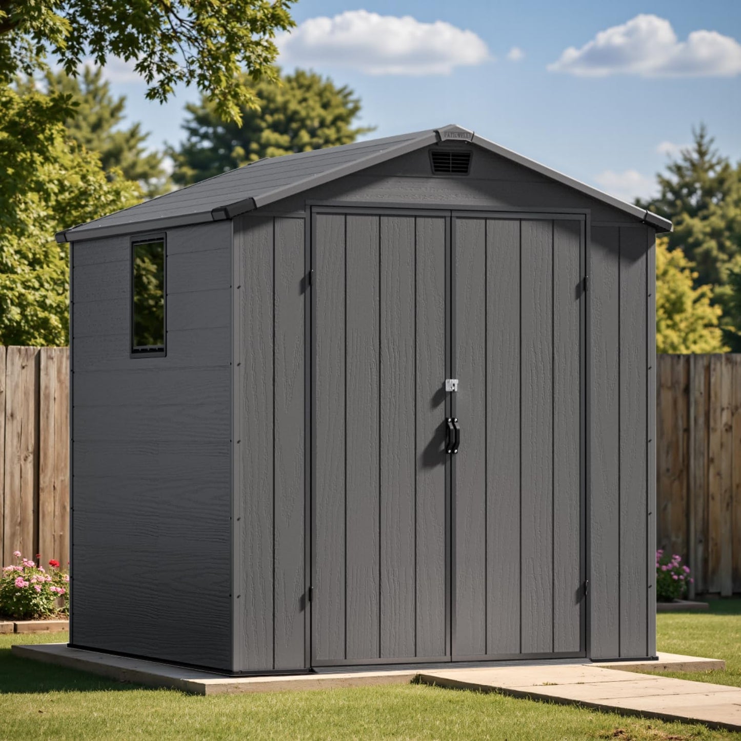 Patiowell 6X6 FT Plastic Outdoor Storage Shed with Floor, Resin Outside Tool Shed with Window and Lockable Door for Garden, Backyard, Tool Storage Usage, Easy to Install, Dark Grey