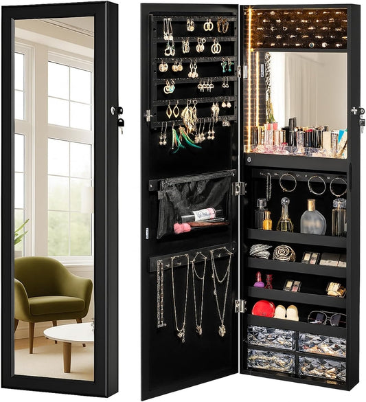 LUXFURNI 79 LED Lights Mirror Jewelry Cabinet, Wall Mounted/Door-Hanging Mirror with Storage, Lockable Jewelry Mirror Organizer, Black