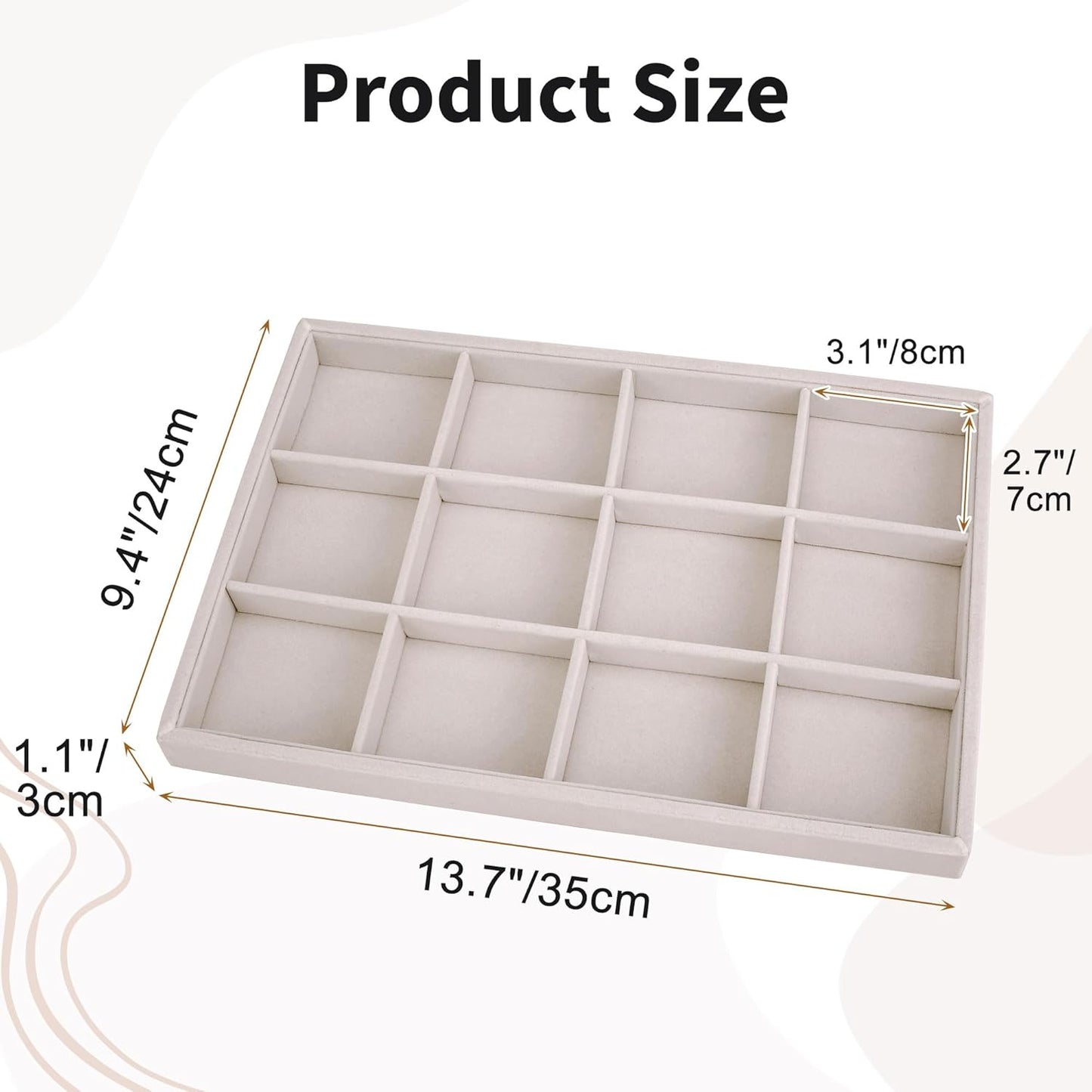 Mornajina 12 Grids Velvet Jewelry Tray Jewelry Display Tray, Stackable Empty Plate Trays for Earrings Necklaces Bracelet Rings Display Showcase - Beige