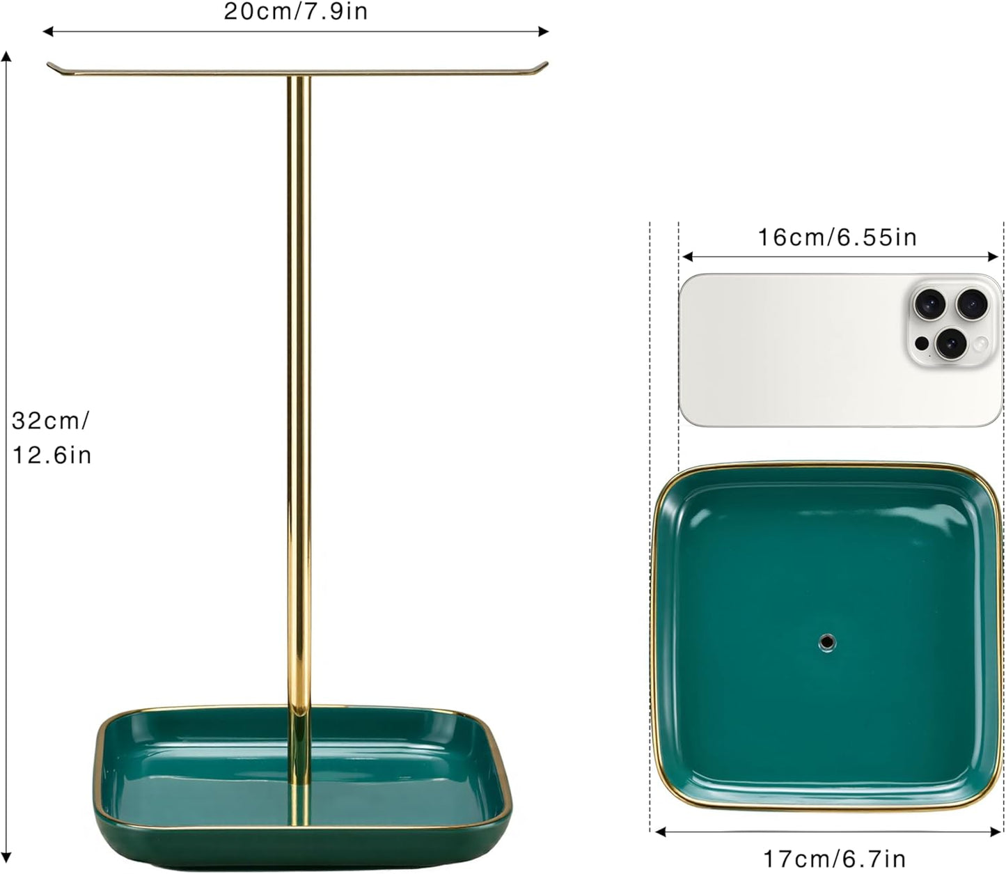 Jewelry Holder Stand with Ceramic Base: 12" Tall Necklace Organizer Rack, Tree Design Display Storage for Necklaces, Bracelets, Rings, Earrings, Aesthetic Room Décor for Girls and Women, Green