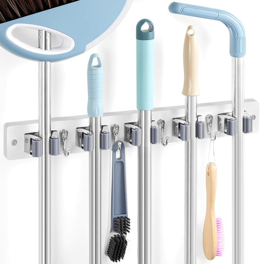 White Broom Holder Wall Mount - Heavy Duty Wood Mop and Broom Organizer with 5 Slots & 4 Hooks - Garden Tool Hanger for Laundry Room Closet Kitchen Garage Storage and Organization - Modern Home Decor