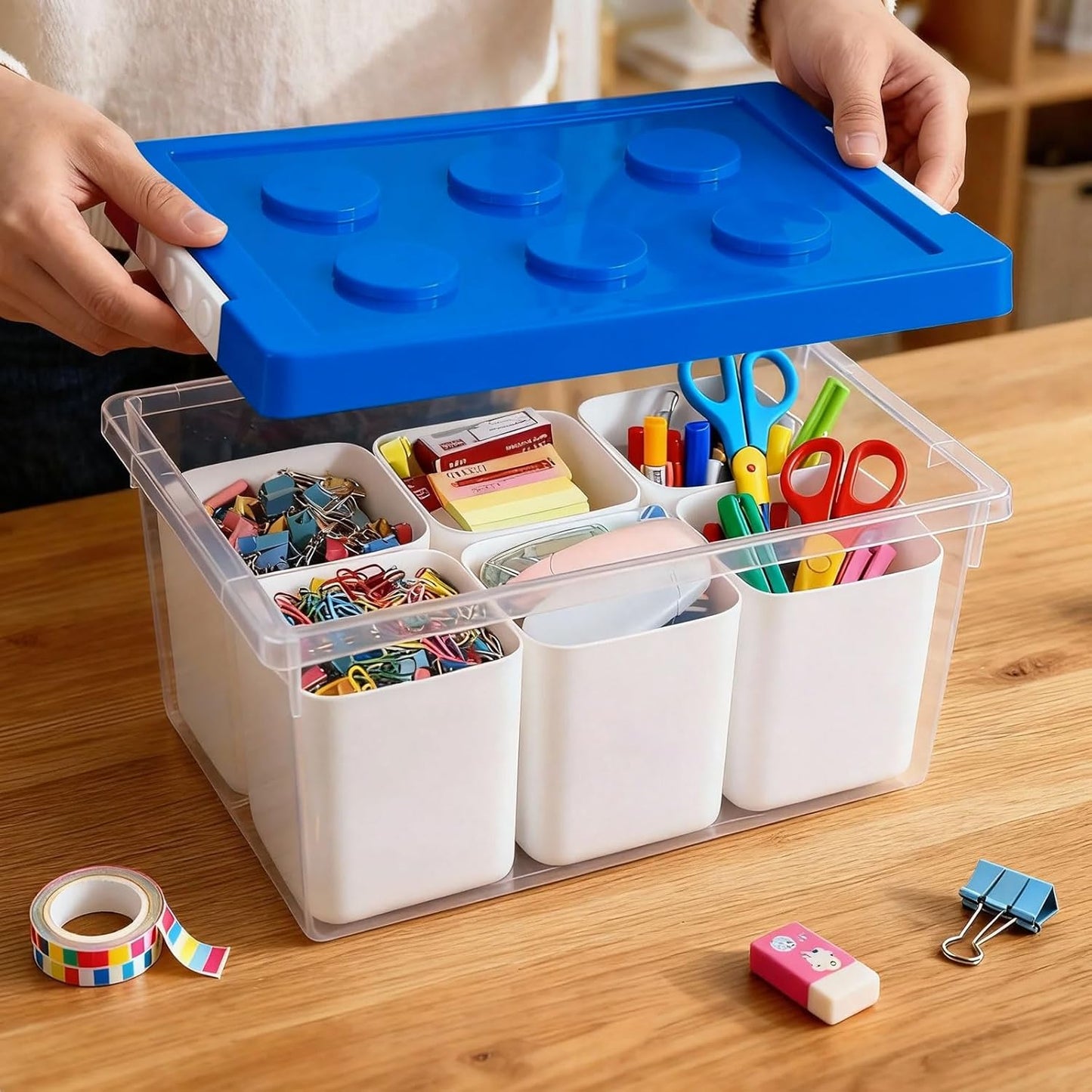 loobuu Plastic Storage Bins with Lids, Art Craft Supply Organizer Box with Brush Pot, Multipurpose Stackable Storage Containers for Organizing Tool, Craft, Crayon,Sewing (Blue)