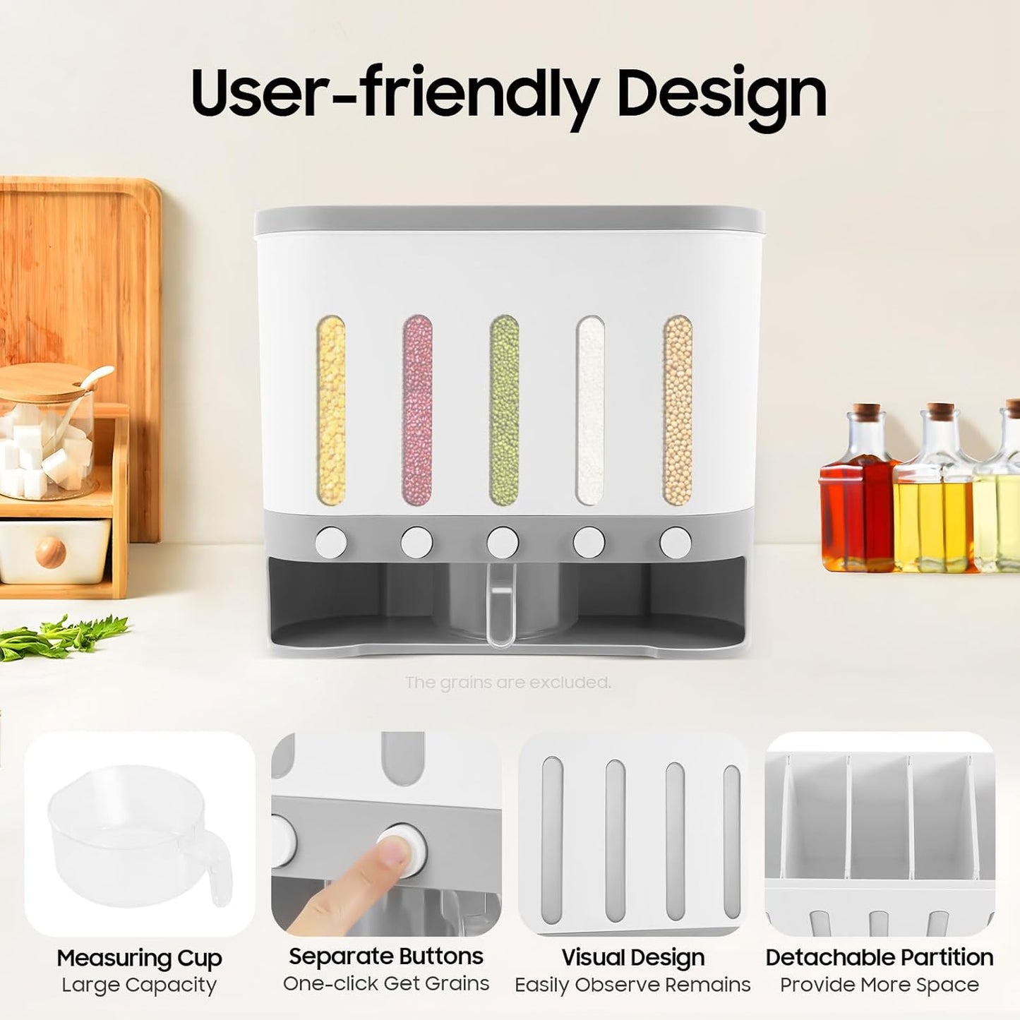5 Grids Dry Food Dispenser, Wall mounted Rice Storage Dispenser Cereal Dispenser Countertop Kitchen Organization Container 38Lbs Sealed Storage Tank with Measuring Cup for Home Kitchen