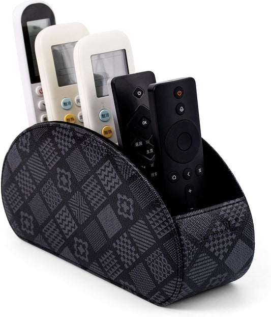 Remote Control Holders Organizer Box with 5 Compartment PU Leather Multi-functional Office Desk Storage Caddy Store Tv Remote for Media Player,Brush,Pencil,Glassees&Office Supplies (Grey print)
