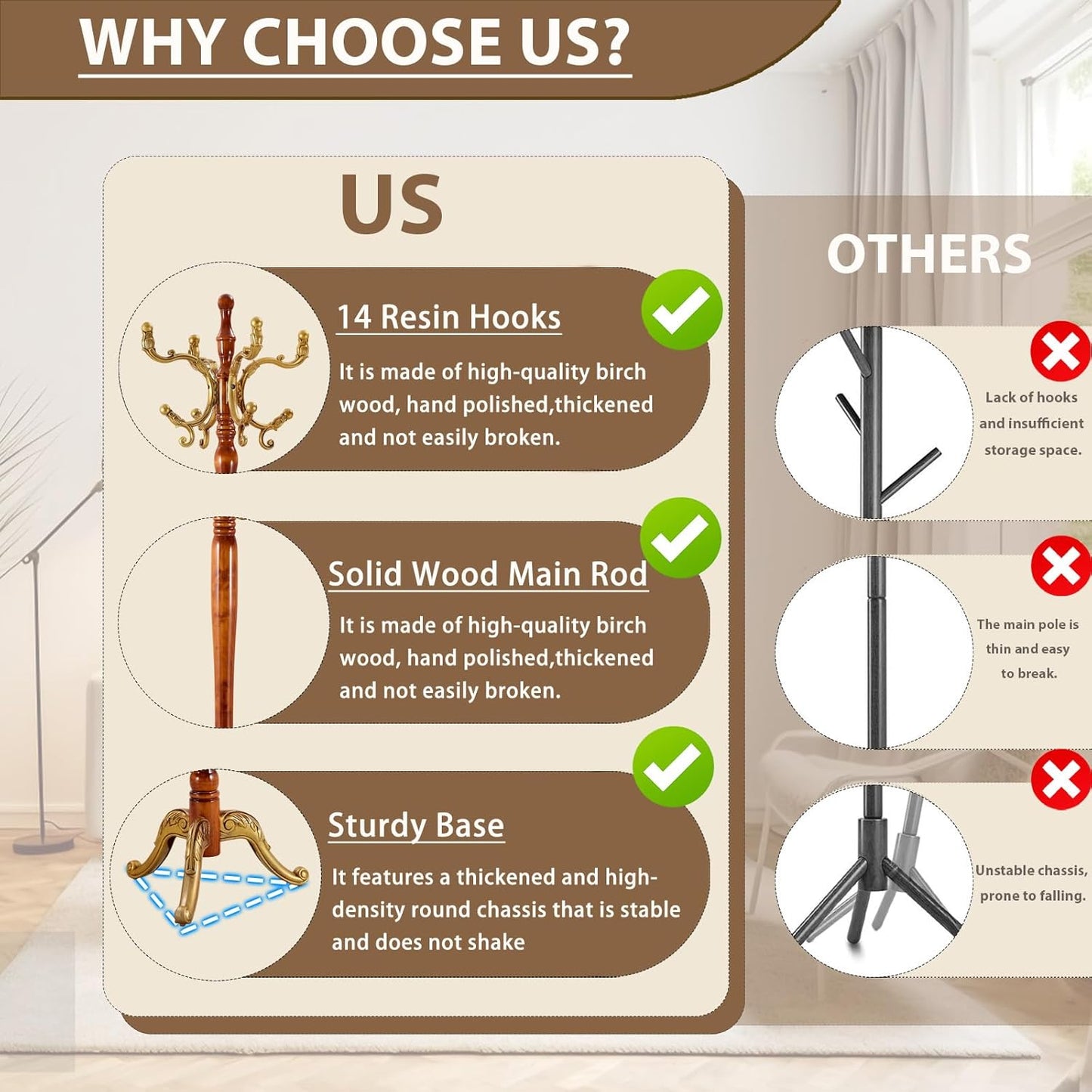 Solid Wooden Coat Rack Stand, Coat Racks Freestanding with 14 Hooks, Natural Birch Wood Coat stands with Sturdy Round Base, Tree Coat Hanger Standing for Entryway Bedroom Office（Begonia triangle2）
