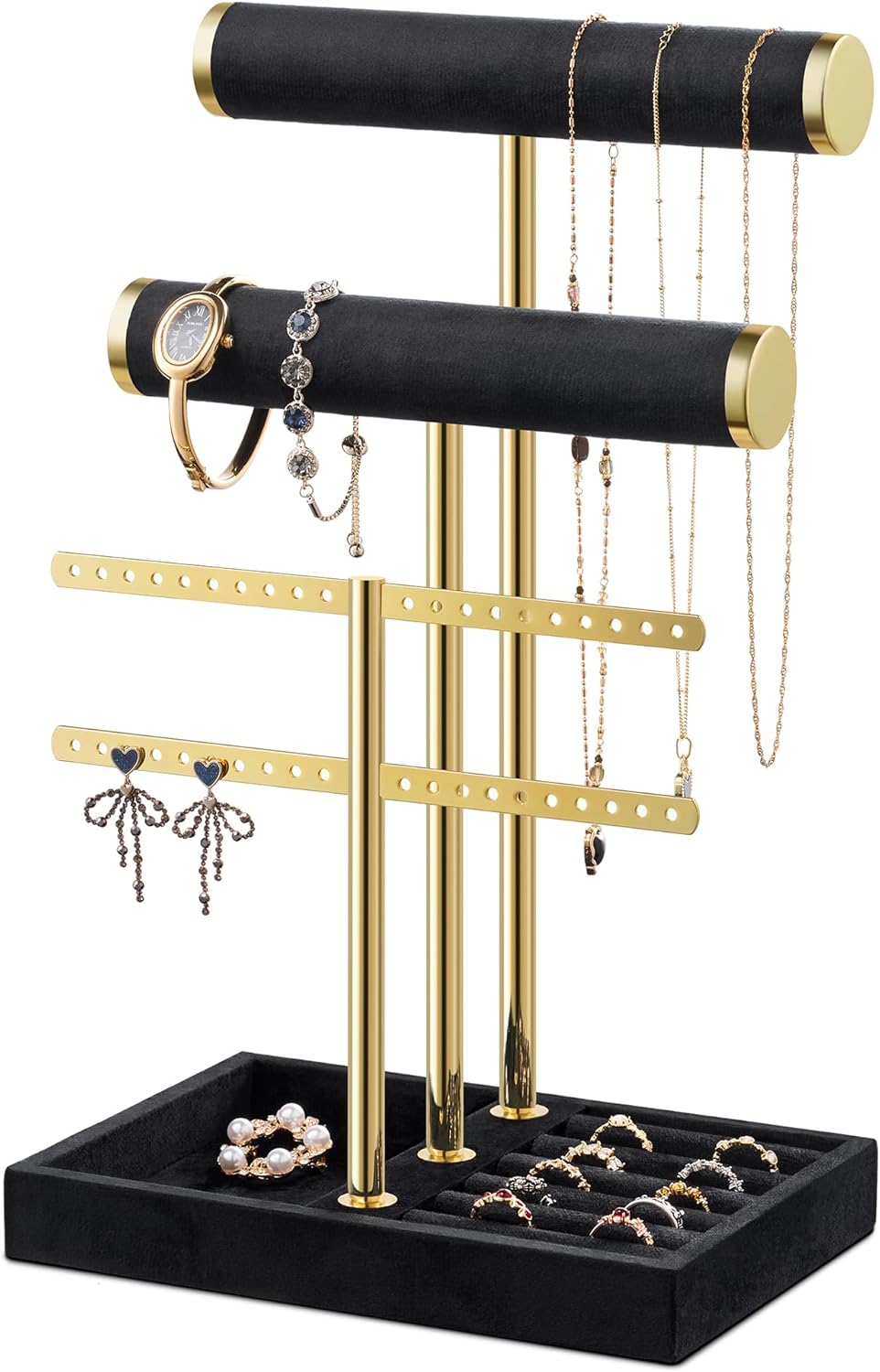 Bracelet Holder Jewelry Organizer Display - 3 Tier T Bar Velvet Stand, Black Jewelry Storage for Bracelet, Necklaces, Earrings, Rings, Watches
