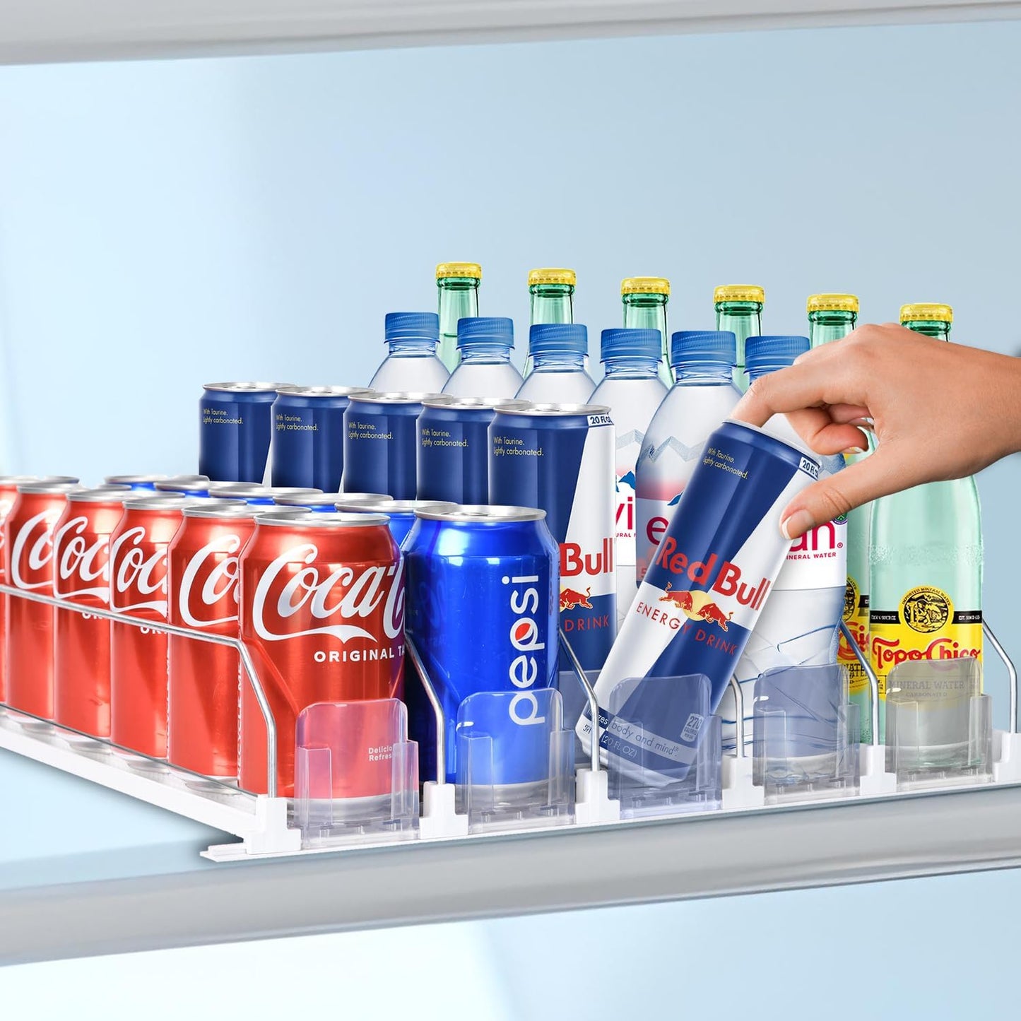 Drink Organizer For Fridge - Fridge Organizers Self Pushing Drink Dispenser, Drink Dispenser for Fridge w/Smooth Spring & Conveyor Belt, Adjustable 5 Can & Can Organizer for Refrigerator, 17.3"D