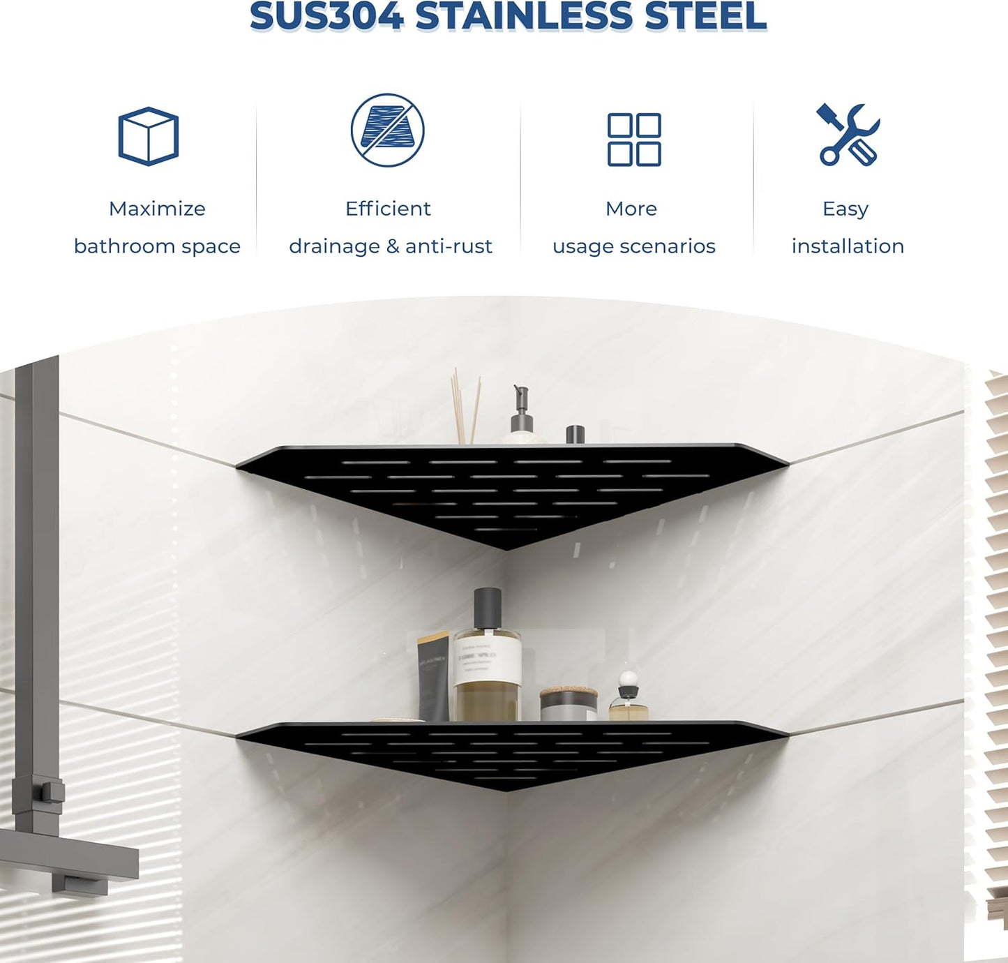 FerdY 2-Pack 10" Matte Black Recessed Corner Shower Shelf, for Tiled Bathroom Walls, 304 Stainless Steel Floating Shelf, Shower Caddy Storage Shelves, No Drilling Required, Striped Diamond