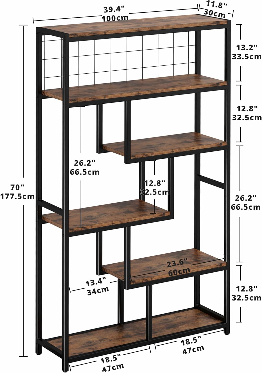 IRONCK Bookshelves 6 Tiers, Industrial Etagere Heavy Duty Shelves for Living Rooom, Office Storage Geomeric Display Boocase, Vintage Brown