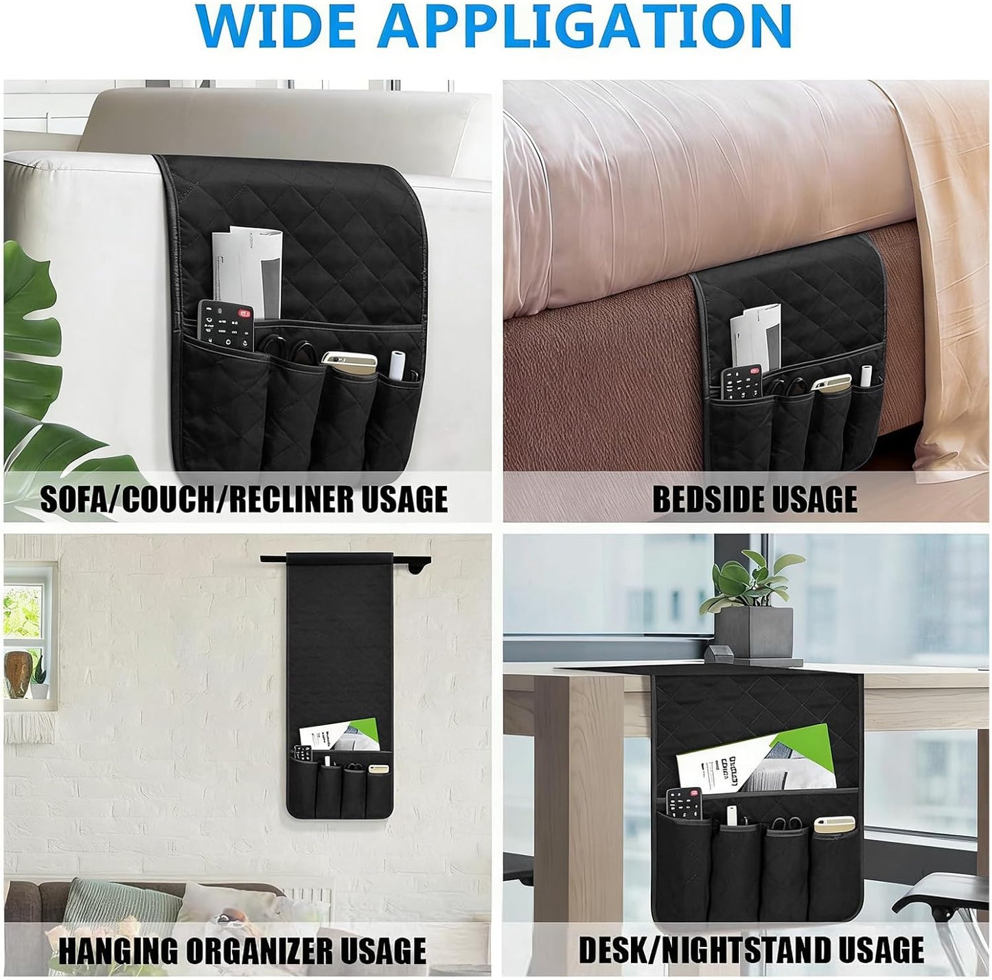 Sofa Armrest Organizer Non-Slip Arm Chair Bedside Caddy Storage Organizer for Recliner Couch with 5 Pockets for Cell Phone TV Remote Control Magazines (BLACK)