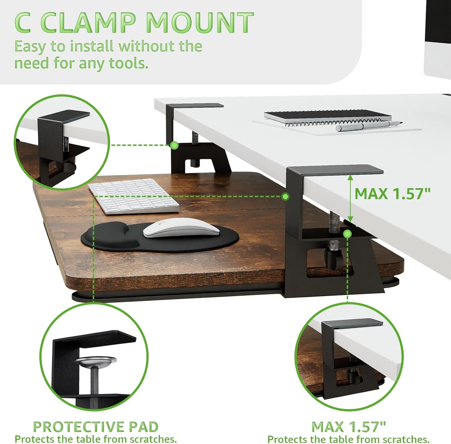 Desktop Keyboard Tray, Under Desk Pull Out, 26.77" X 11.81" Large Size Keyboard Tray with C-Clip Mount, Easy Installation, Computer Keyboard Stand, for Home Study and Office