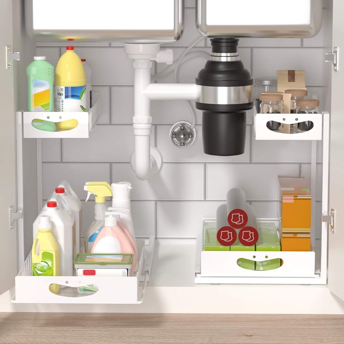 Under Sink Organizer with Pull-Out Drawers,Kitchen Sink Organizer,2 Tier Bathroom Organizers And Storage,Bathroom Accessories Set,White 2 Pack