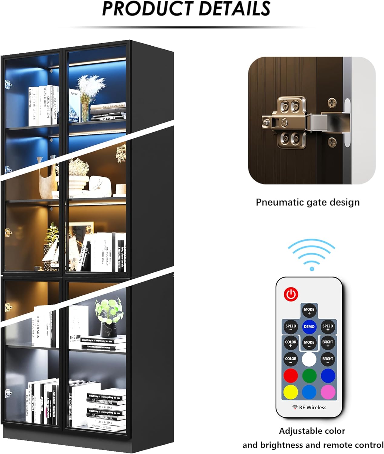 79'' Tall Glass Display Cabinet with LED Lights,Showcase with Glass Doors,5-Tier Curio Cabinet for Collectibles Bookcase,Storage Shelf, Bookcase (Black- 5 Layers, Large)